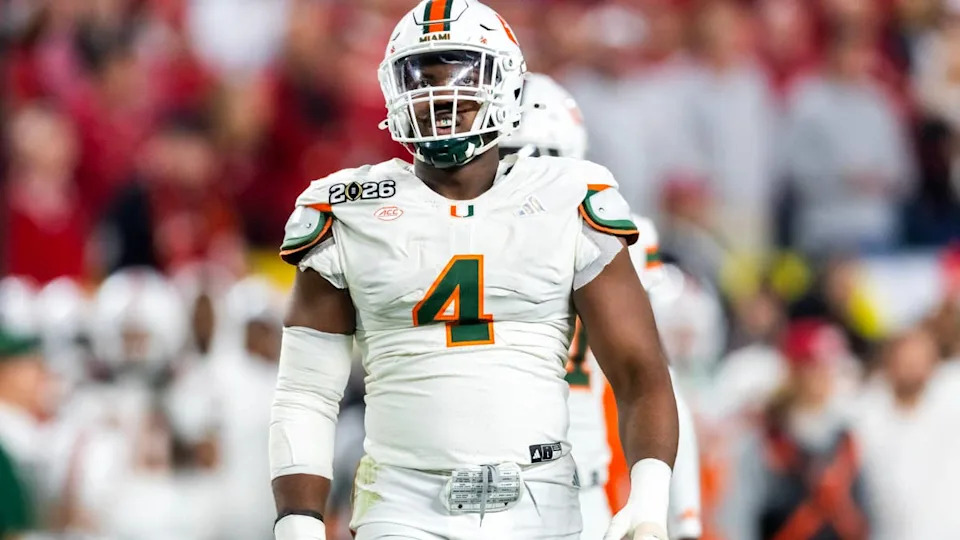 Jan 19, 2026; Miami Gardens, FL, USA; Miami Hurricanes defensive lineman Rueben Bain Jr. (4) against the Indiana Hoosiers during the College Football Playoff National Championship game at Hard Rock Stadium. Mandatory Credit: Mark J. Rebilas-Imagn Images© Mark J&period; Rebilas-Imagn Images