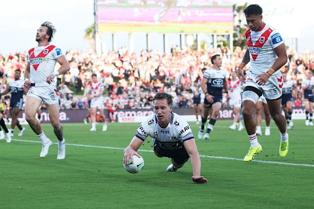 SYDNEY, AUSTRALIA - APRIL 04: Jaxon Purdue of the Cowboys scores a try during the round five NRL match between St George Illawarra Dragons and North Queensland Cowboys at UOW Jubilee Oval, on April 04, 2026, in Sydney, Australia. (Photo by Mark Metcalfe/Getty Images)