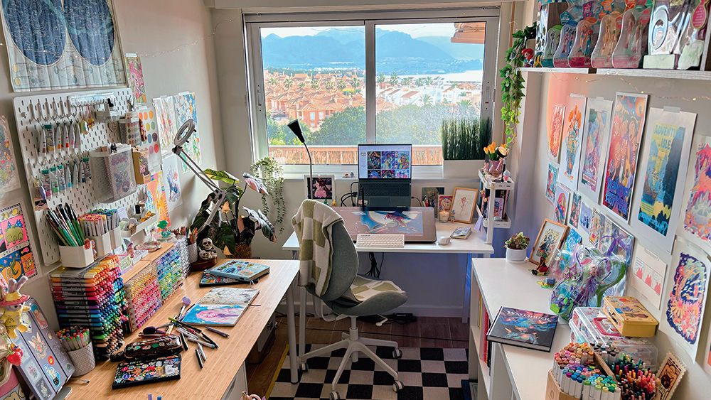 Comic artist Gretel Lusky's art studio with a view of the sea