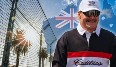 Bottas in Cadillac F1 Tommy Hilfiger kit with translucent Aussie flag and palm trees and sunny Albert Park circuit in the background