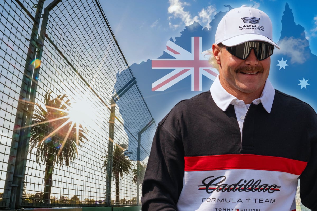 Bottas in Cadillac F1 Tommy Hilfiger kit with translucent Aussie flag and palm trees and sunny Albert Park circuit in the background