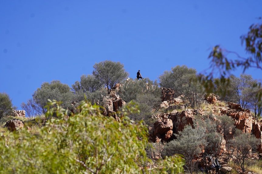 A police officer stands on top of an escarpment wearing a wide-brim hat 