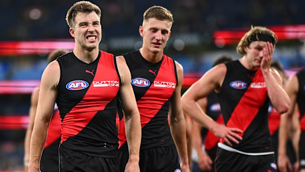 Zach Merrett of the Bombers looks dejected after losing to the Hawks.