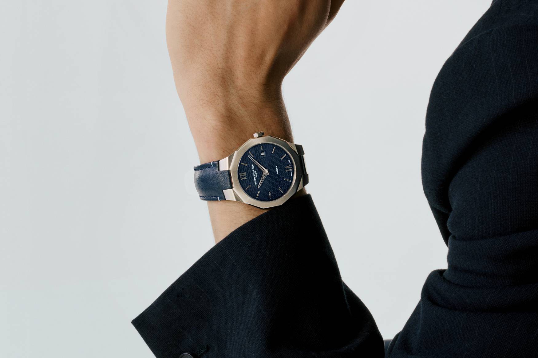 baume et mercier riviera 73 blue leather wrist shot