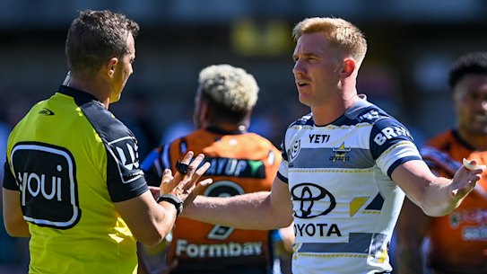 Cowboys captain Tom Dearden had a frustrating day with officials in North Queensland’s round 2 loss to the Tigers at Leichhardt Oval last Saturday.