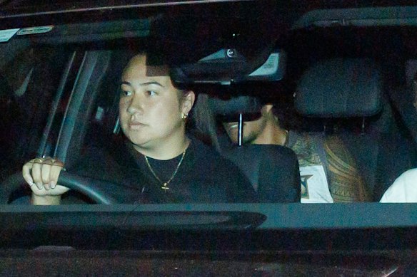 Jarome Luai is whisked away from the private jet terminal at Sydney airport by wife Bailey after returning from Port Moresby on Monday night.