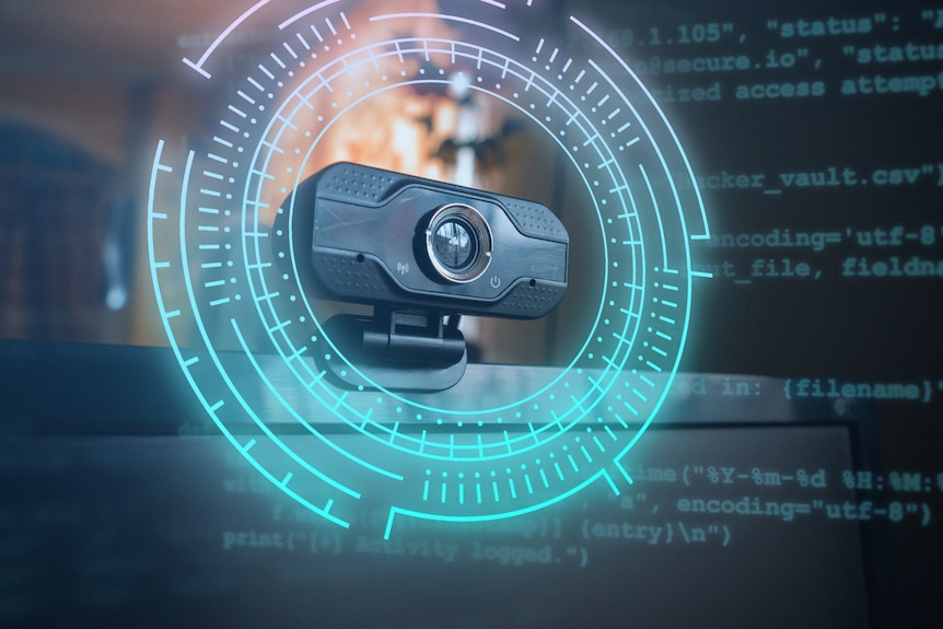 A blue background with a webcam in the centre and coding and blue circles around the camera.