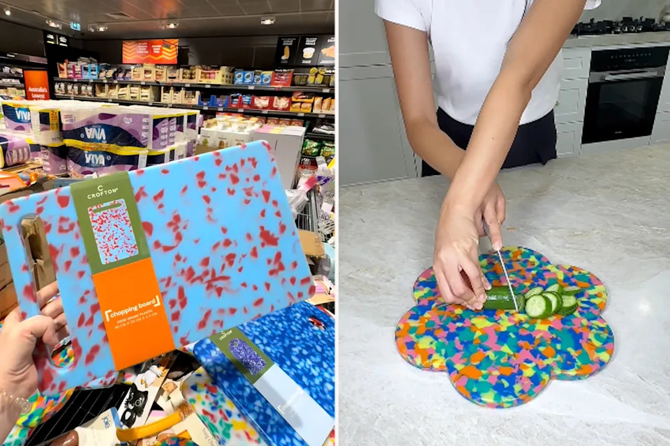 Left: Shopper inside Aldi store holding Special Buys Crofton chopping board. Right: Person cutting cucumber on Aldo colourful chopping board. 