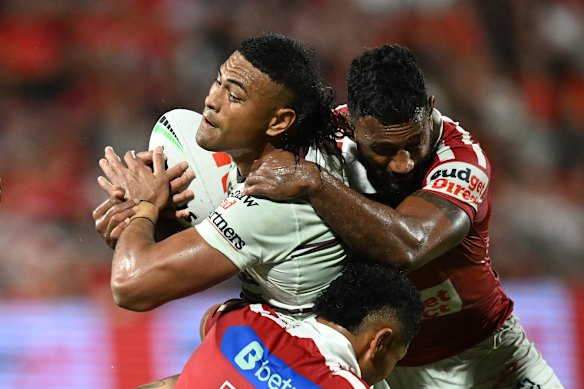 Haumole Olakau’atu was a standout in Kieran Foran’s first game in charge of Manly.