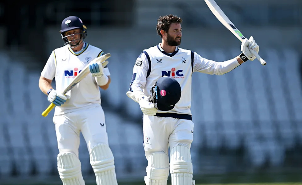 Joe Root claps Sam Whiteman after his County century.