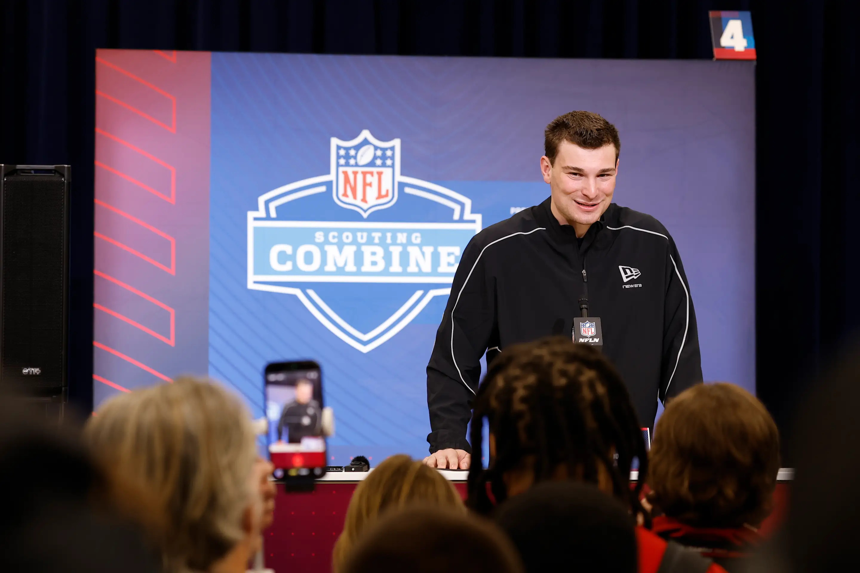 Fernando Mendoza speaks to the media during the 2026 NFL Scouting Combine. Mendoza is the presumptive No. 1 pick in this year's draft. (Photo by Lauren Leigh Bacho/Getty Images)