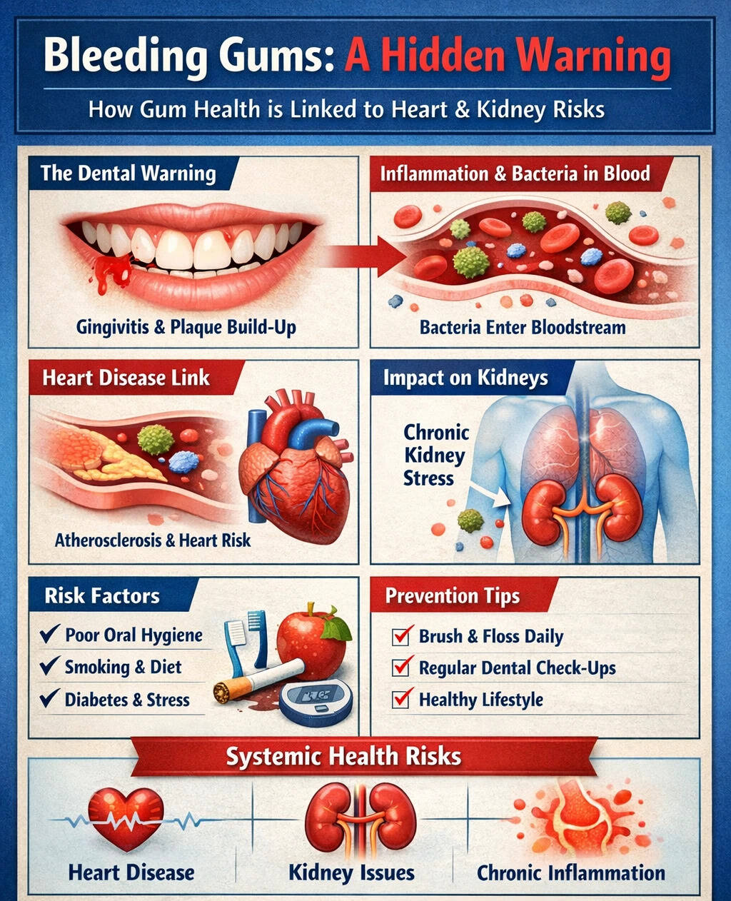 Research from global health bodies supports this growing link. Early care, good oral hygiene, and regular check-ups can help prevent complications and protect overall health. Bleeding gums