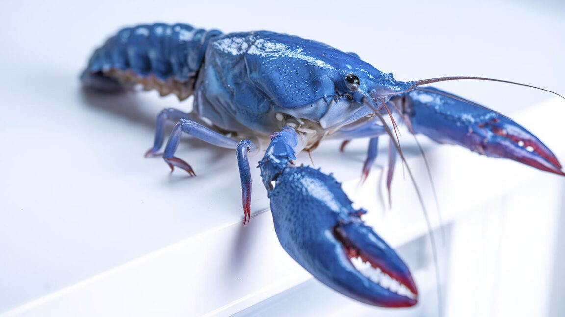 A blue crayfish on a countertop