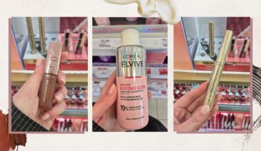 A collage showing Digital Beauty Writer, Naomi Jamieson's hand holding the L'Or&eacute;al Paris Lip Tint, the Glycolic Hair Gloss and Telescopic Mascara, in front of the L'Or&eacute;al counter at Boots/ in a cream template with 3 makeup and skincare swatches.
