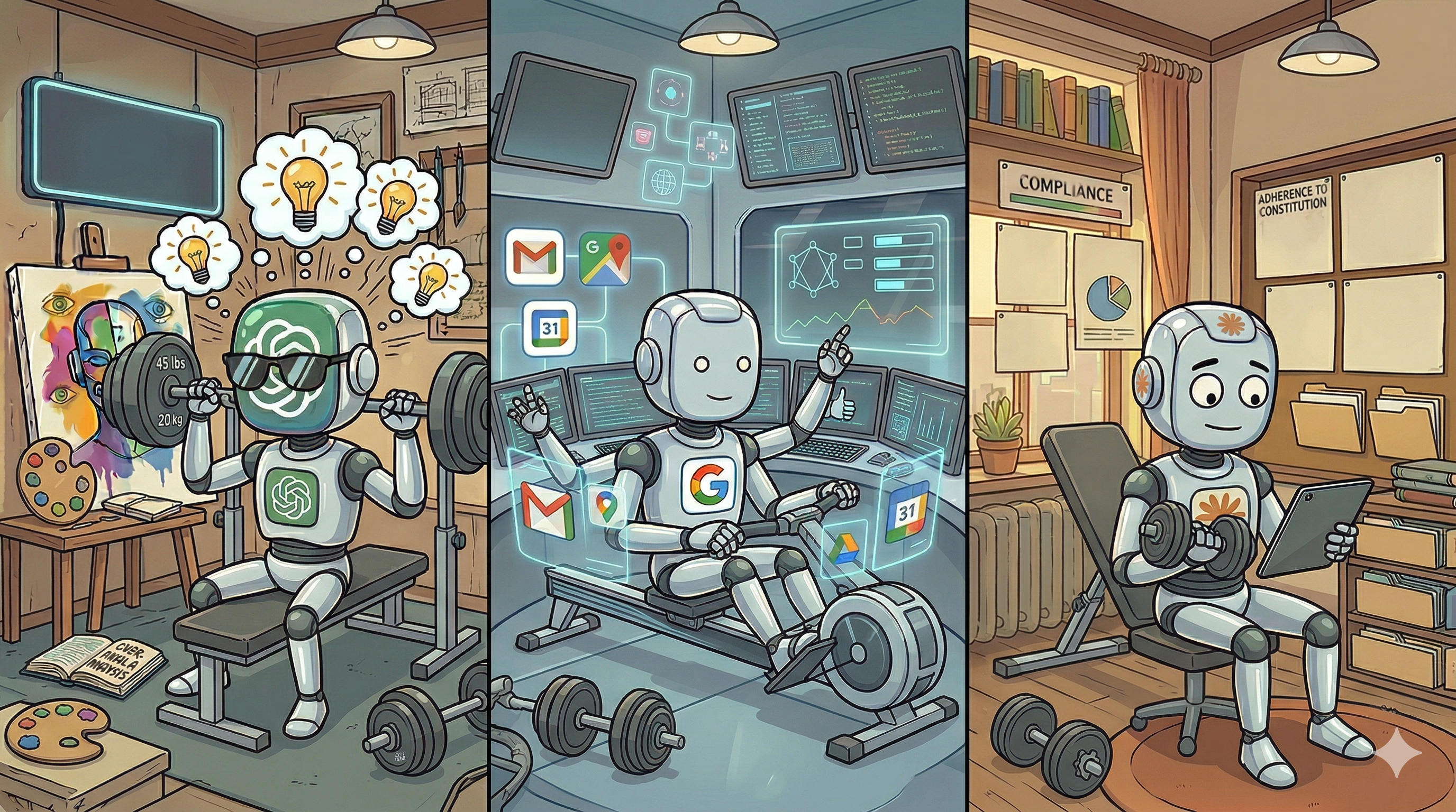 Three chatbots in rooms