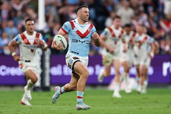 James Tedesco runs clear for the Roosters.