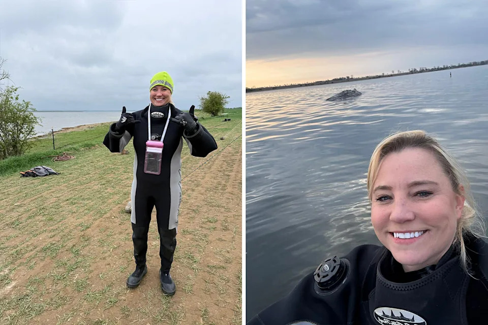 Left: Dr Jenna Wallace in Germany wearing a wetsuit. Right: Dr Jenna on a boat with Timmy the whale in the background.
