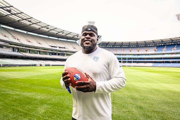 LA Rams enforcer Kevin Dotson was in Melbourne last month to promote the game at the MCG later this year.