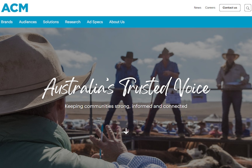 The website for Australian Community Media, showing the company's logo and an image of several people in Akubra hats.