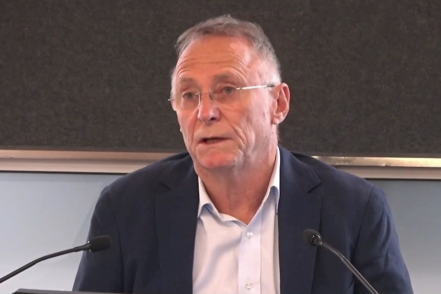 A man with glasses speaking in a witness box at a parliamentary inquiry.