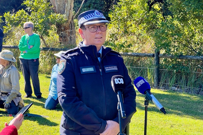 Superintendent Joanne Schultz standing in front of microphones at the Jetty 