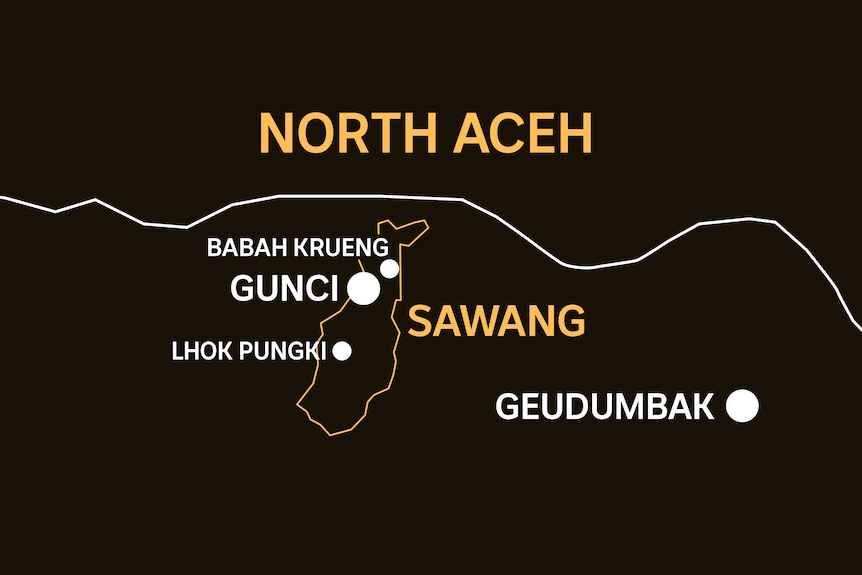 A zoomed in map of North Aceh showing where Lhok Pungki, Babah Kreung and Gunci sit in relation to Sawang district.