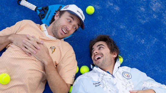 Jack Steele (left) and Matt “Falcon” Ford of The Inspired Unemployed Podcast at the Indoor Padel Australia in Alexandria. 