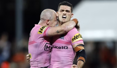 DARWIN, AUSTRALIA – APRIL 17: Nathan Cleary of the Panthers celebrates kicking a field goal in golden point during the round seven NRL match between Dolphins and Penrith Panthers at TIO Stadium, on April 17, 2026, in Darwin, Australia. (Photo by Darrian Traynor/Getty Images)