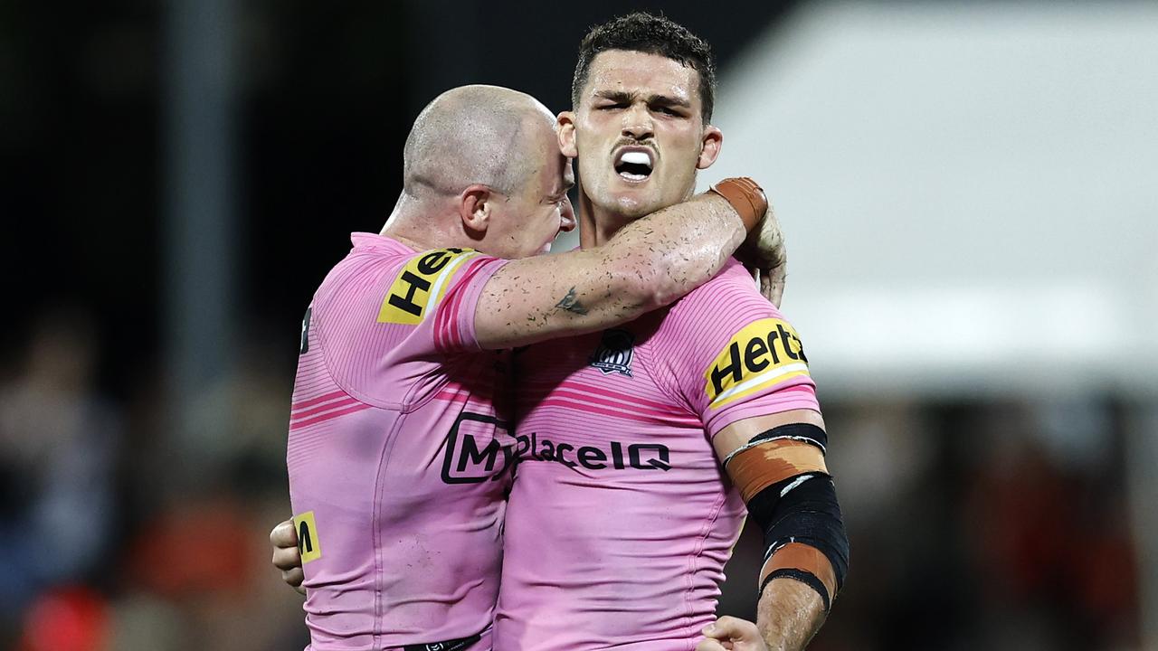 DARWIN, AUSTRALIA – APRIL 17: Nathan Cleary of the Panthers celebrates kicking a field goal in golden point during the round seven NRL match between Dolphins and Penrith Panthers at TIO Stadium, on April 17, 2026, in Darwin, Australia. (Photo by Darrian Traynor/Getty Images)