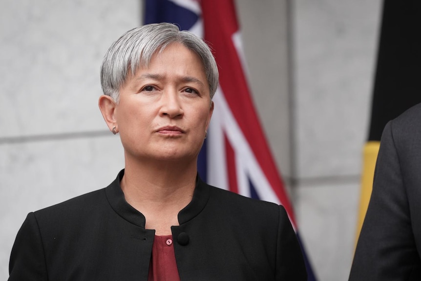 Two men and a woman in suits stand at a podium speaking to journalists with the Australian flag in the background.