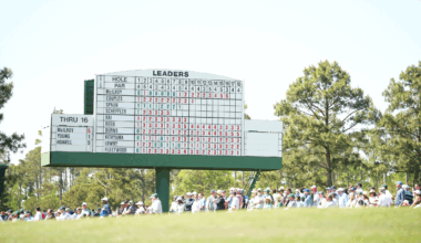 A general view of a leaderboard at The Masters during round one in 2026