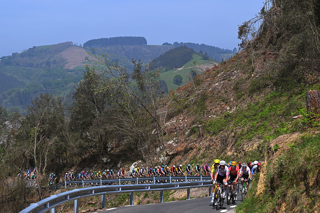 EIBAR, SPAIN - APRIL 10: A general view of the peloton competing during the 65th Itzulia Basque Country 2026, Stage 5 a 176.2km stage from Eibar to Eibar / #UCIWT / on April 10, 2026 in Eibar, Spain. (Photo by Tim de Waele/Getty Images)