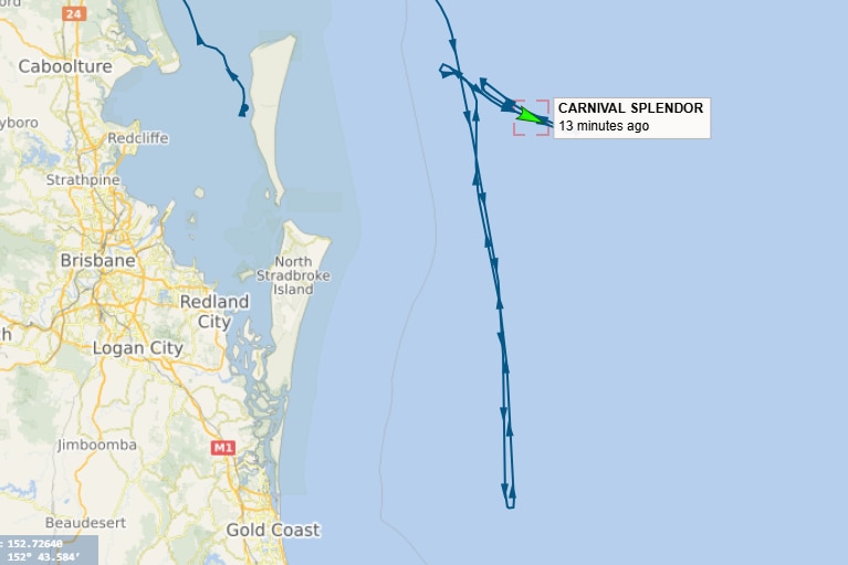 A map of a ship's journey near Brisbane, Queensland.