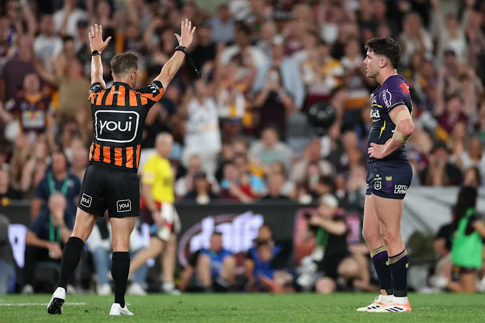Referee Grant Atkins sends Trent Loiero to the sin-bin during the NRL grand final.