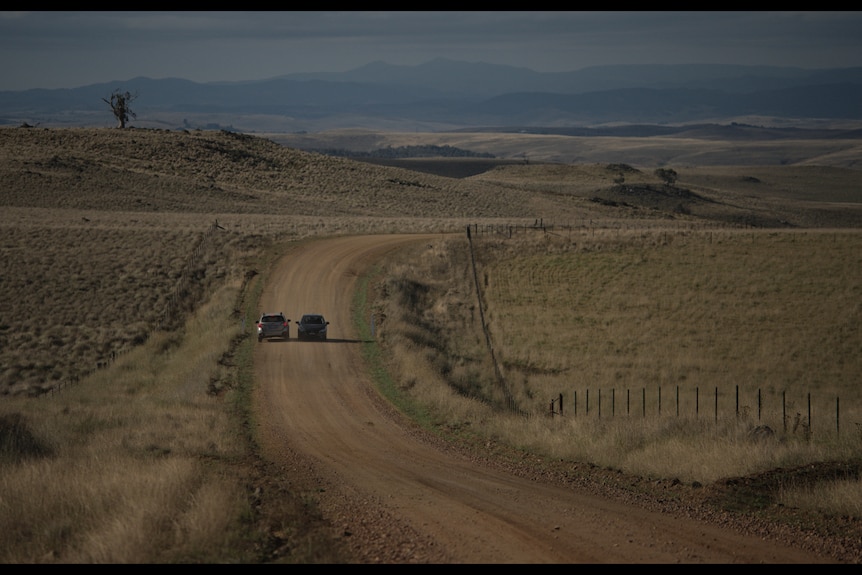 two cars drive down a dusty road near some fields