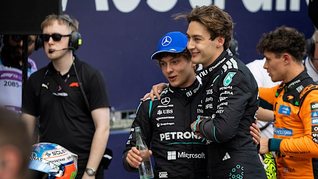 Pole position qualifier George Russell of Great Britain and Mercedes AMG Petronas F1 Team and Second placed qualifier Andrea Kimi Antonelli of Italy.