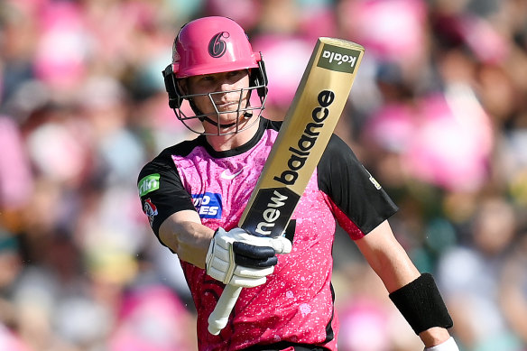 Steve Smith celebrates his record-equalling third Big Bash century.