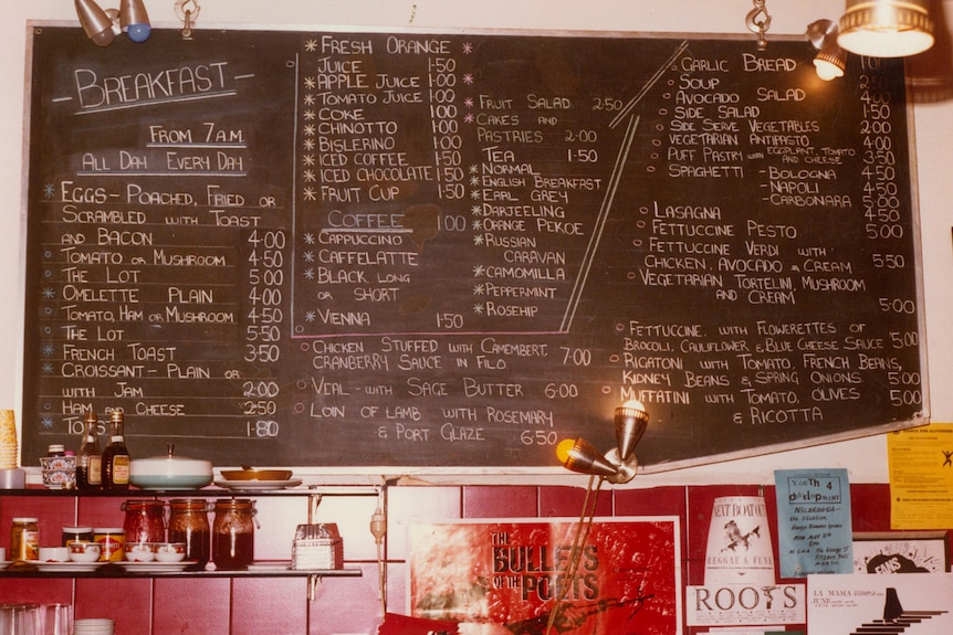 An early menu from 1987, featuring the cafe's popular all-day breakfast.