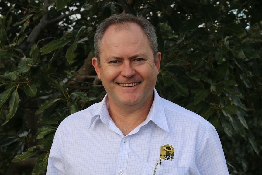 A man in a white shirt standing in front of trees