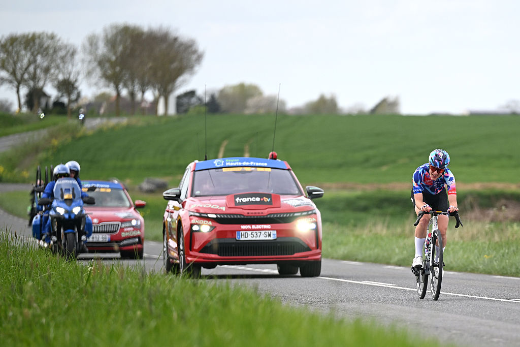 ROUBAIX, FRANCE - APRIL 12: Rosa Maria Kloser of Germany and Team CANYON//SRAM zondacrypto competes in the breakaway during the 6th Paris-Roubaix Femmes Hauts-de-France 2026 - Women's Elite a 143.1km one day race from Denain to Roubaix / #UCIWWT / on April 12, 2026 in Roubaix, France. (Photo by Luc Claessen/Getty Images)