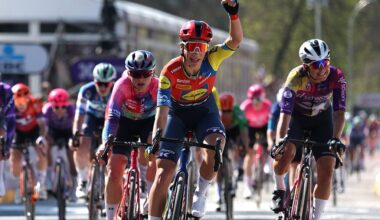 SCHOTEN, BELGIUM - APRIL 09: Elisa Balsamo of Italy and Team Lidl - Trek celebrates at finish line as race winner during the 5th Scheldeprijs 2025, Women's Elite a 130.3km one day race from Schoten to Schoten on April 09, 2025 in Schoten, Belgium. (Photo by Rhode Van Elsen/Getty Images)