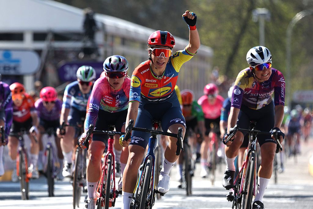 SCHOTEN, BELGIUM - APRIL 09: Elisa Balsamo of Italy and Team Lidl - Trek celebrates at finish line as race winner during the 5th Scheldeprijs 2025, Women's Elite a 130.3km one day race from Schoten to Schoten on April 09, 2025 in Schoten, Belgium. (Photo by Rhode Van Elsen/Getty Images)