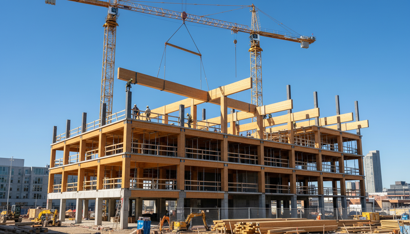 Workers installing engineered wood beams at a construction site