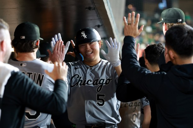 Munetaka Murakami of the Chicago White Sox is congratulated by teammates after he hit a grand slam against the Athletics in the seventh inning at Sutter Health Park on April 17, 2026, in West Sacramento, Calif. (Ezra Shaw/Getty Images)