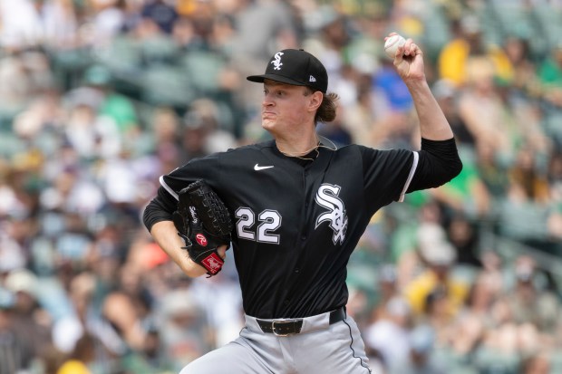 Chicago White Sox pitcher Noah Schultz throws to the Chicago White Sox during the first inning of a baseball game Sunday, April 19, 2026, in West Sacramento, Calif. (AP Photo/Sara Nevis)