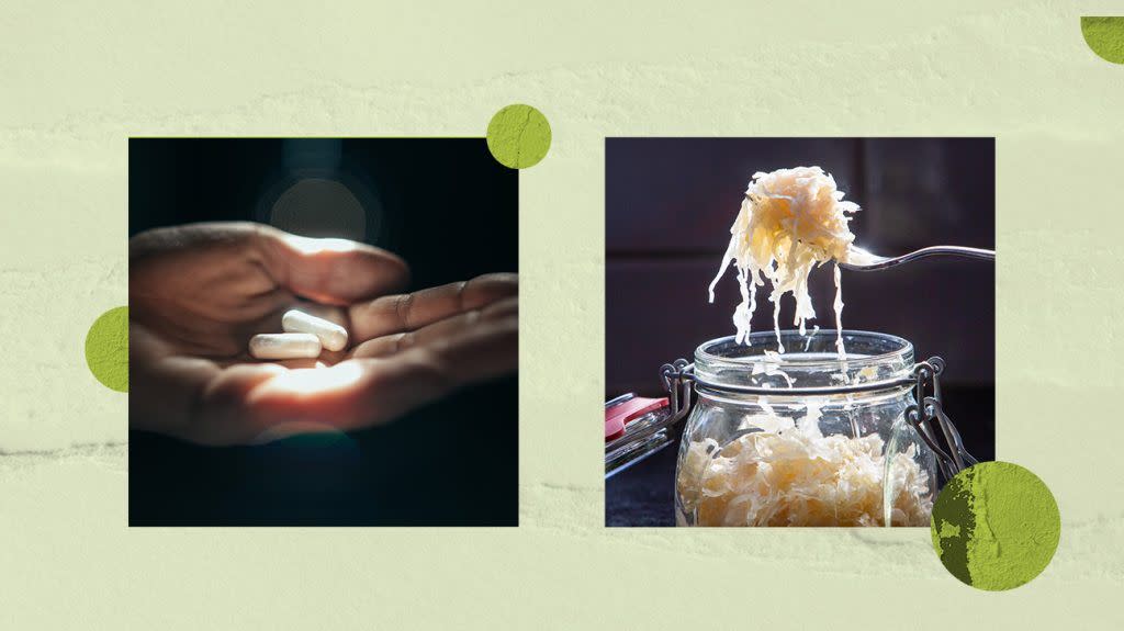 collage of probiotic supplements and jar of sauerkraut