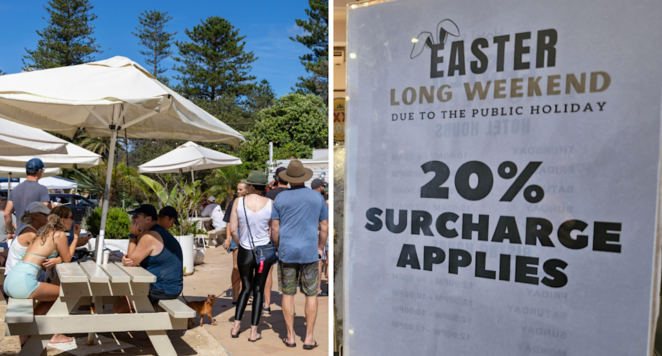 Diners at a pub, and an Easter public holiday surcharge 20% notice.