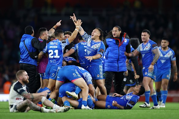 Josh Papalii and Samoa celebrate victory over England to reach the final of the Rugby League World Cup in 2022. Samoa could be an even greater force in league if they had more players to chose from.