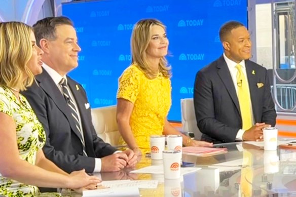 Guthrie, centre, with colleagues, from left, Jenna Bush Hager, Carson Daly, and Craig Melvin during the Today show in New York on Monday.