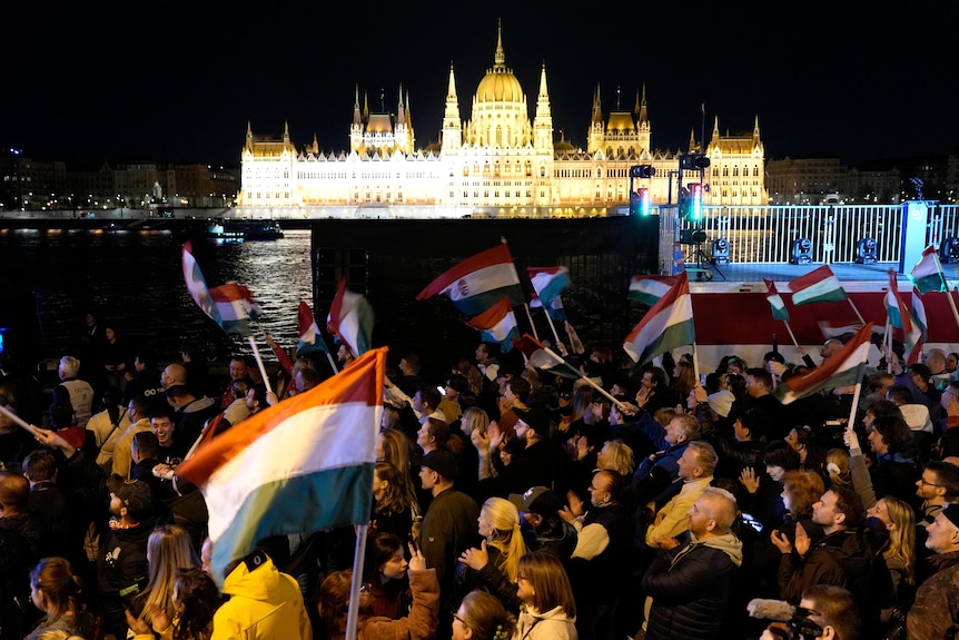 Supporters of Peter Magyer waving Hungarian flags in front of parliament in Budapest.